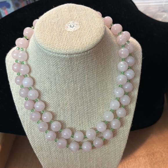 Vintage pink quartz and green crystal beaded choker statement necklace 16” - Picture 5 of 6